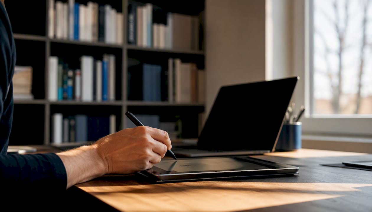 Hand poised to mark audit findings on tablet