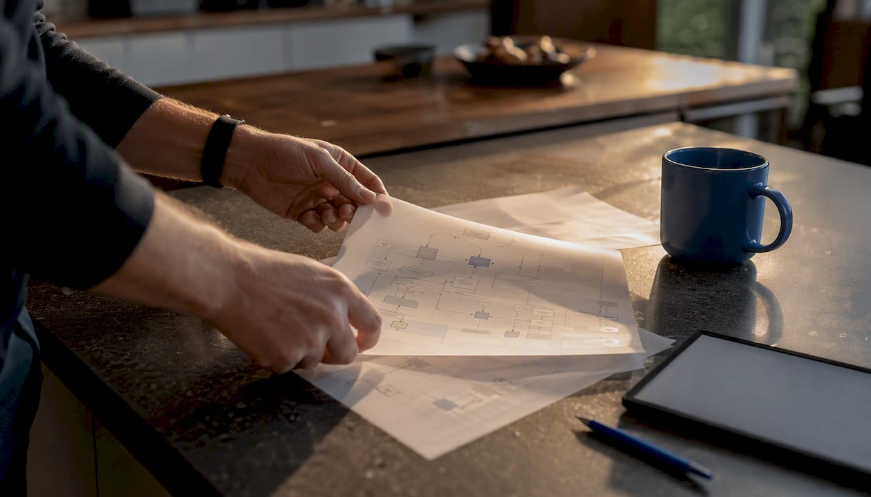 Hands arranging AI management workflow sheets